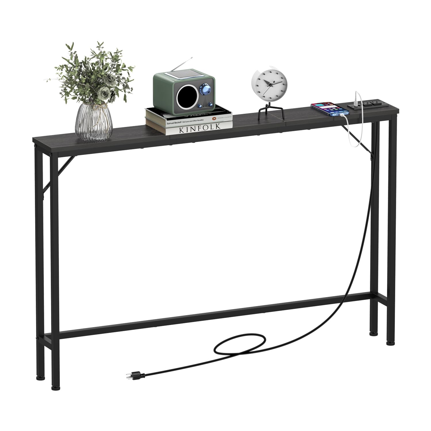 Photo 1 of Tohomeor 5.9" Skinny Behind Sofa Console Table with Charging Station Charcoal Black 47.2" Narrow Long Behind Couch Table with Power Outlets USB Ports Thin Entry Table for Entryway Living Room Hallway
