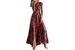 RDEGOOCHA Maxi Dress for Women Maxi Dresses Short Lantern Sleeves Stretchy Waist Full Length Casual Dresses with Pockets