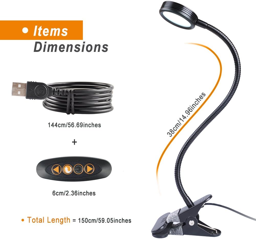 LEPOWER New Version Metal Clip On Light, Flexible Bed Light with 3 Colors x Stepless Adjustable Brightness, Eye Caring Reading Light for Desk, Bed Headboard and Computers(Black)-No AC Adapter - - 
