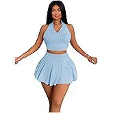 RoseSeek Women's 2 Piece Tennis Skirt Set Sleeveless Racerback Crop Tank Tops High Waisted Pleated Mini Skirt Outfits