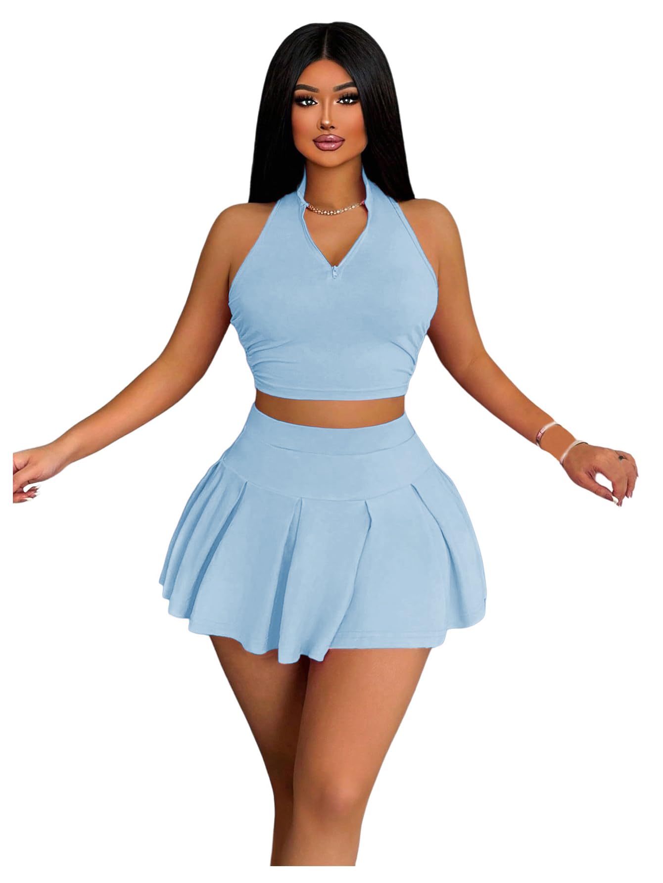 Photo 1 of ****ONLY SKIRT****  RoseSeek Women's 2 Piece Tennis Skirt Set Sleeveless Racerback Crop Tank Tops High Waisted Pleated Mini Skirt Outfits Pure Blue Medium