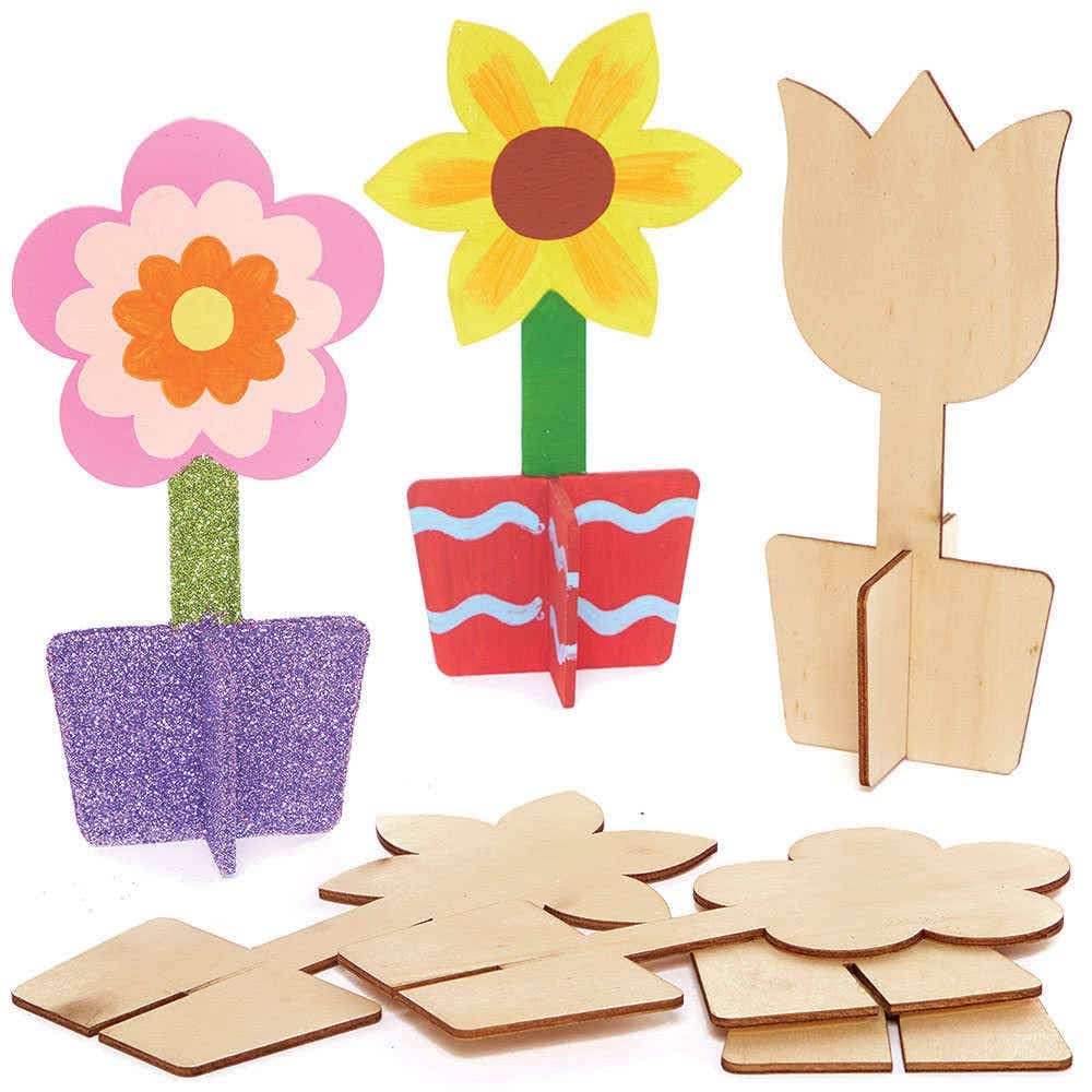 Baker Ross FC727 Flower 3D Wooden Stand-up Decorations - Pack of 6, Wood Model Kit for Kids, Arts and Crafts for Kids