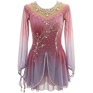 YXinang Women's Pink Purple Gradient Figure Skating Dress Long Sleeve Rhinestone Ice Skating Competition Performance Dress