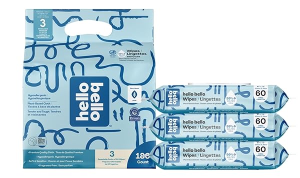 HELLO BELLO EXTRA GENTLE UNSCENTED BABY WIPES, PLANT BASED, MADE WITH 99% WATER AND ALOE FOR BABIES AND KIDS, 60 COUNT (PACK OF 3) TOTAL 180 COUNT