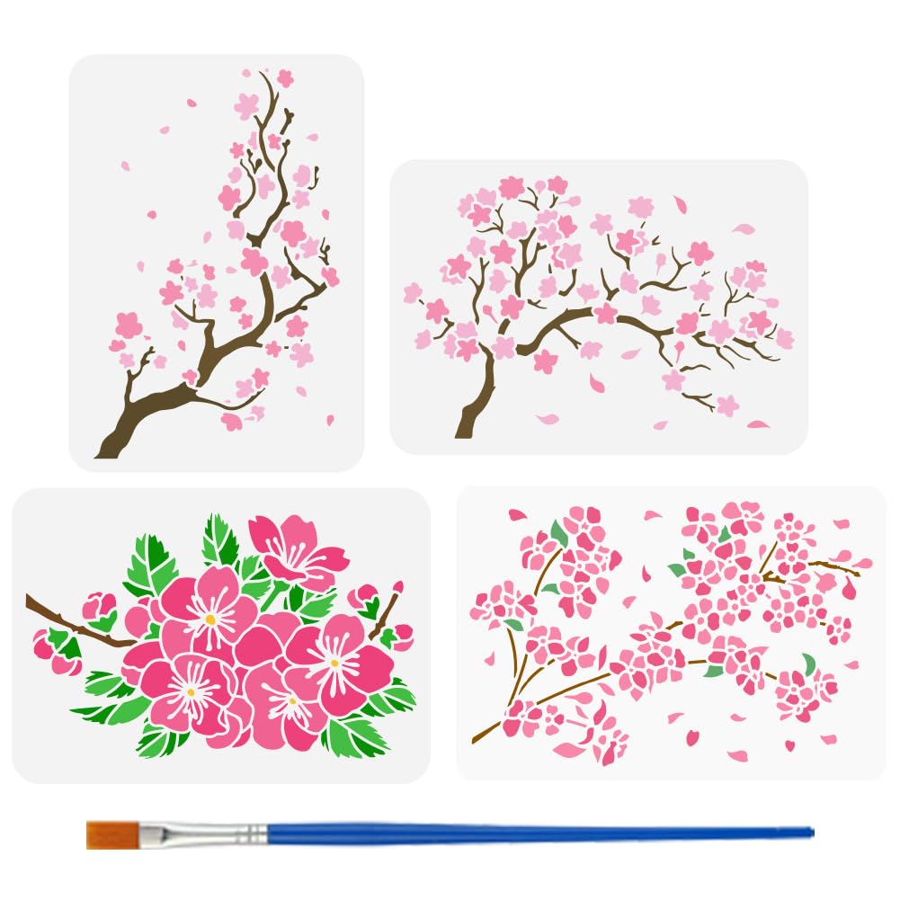 FINGERINSPIRE 4PCS Cherry Blossoms Stencils 21x29.7cm with Bamboo Brush Hollowed Flowers Plants Templates Plastic Cheery Tree Branch Stencils Flower Leaf Pattern Templates Plant Theme Stencils