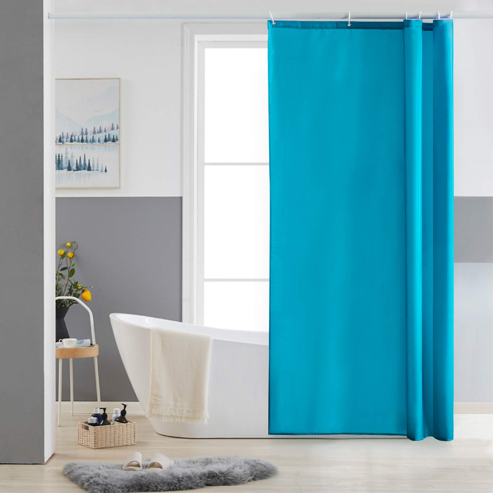 Furlinic Shower Curtain Mould Proof Resistantand Waterproof Washable Polyester Fabric Teal Bath Curtains with Weight Tape 6 Hooks for Wetroom 33x72 Inch.