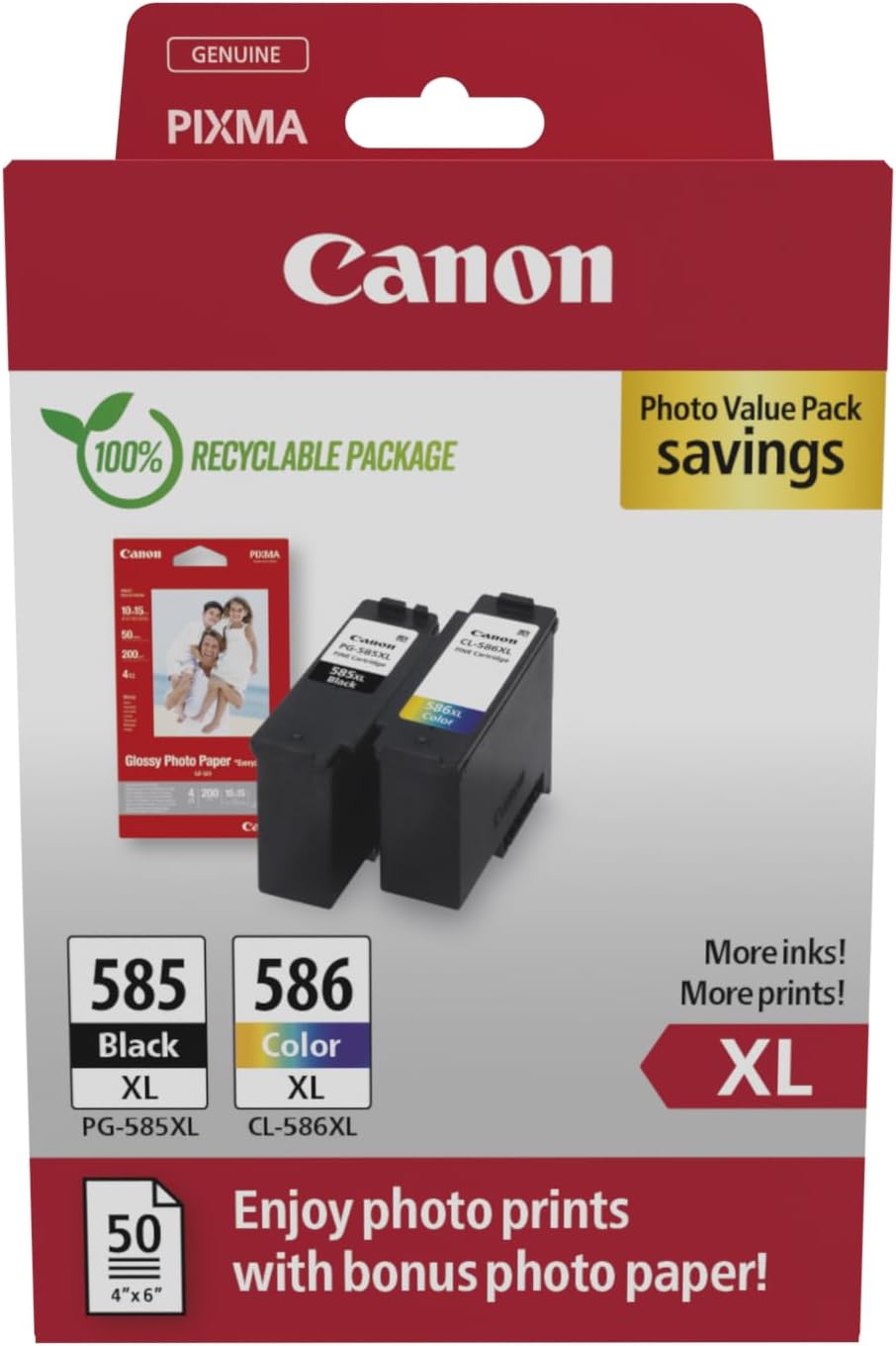 Canon PG-585XL CL-586XL Genuine Ink Cartridges Pack of 2 50 Sheets Photo Paper