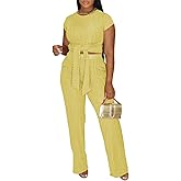 HBQ Women's Summer 2 Piece Outfits Lounge Sets Short Sleeve Belted Crop Tops Wide Leg Pant Sets Casual Tracksuit-Yellow-XL