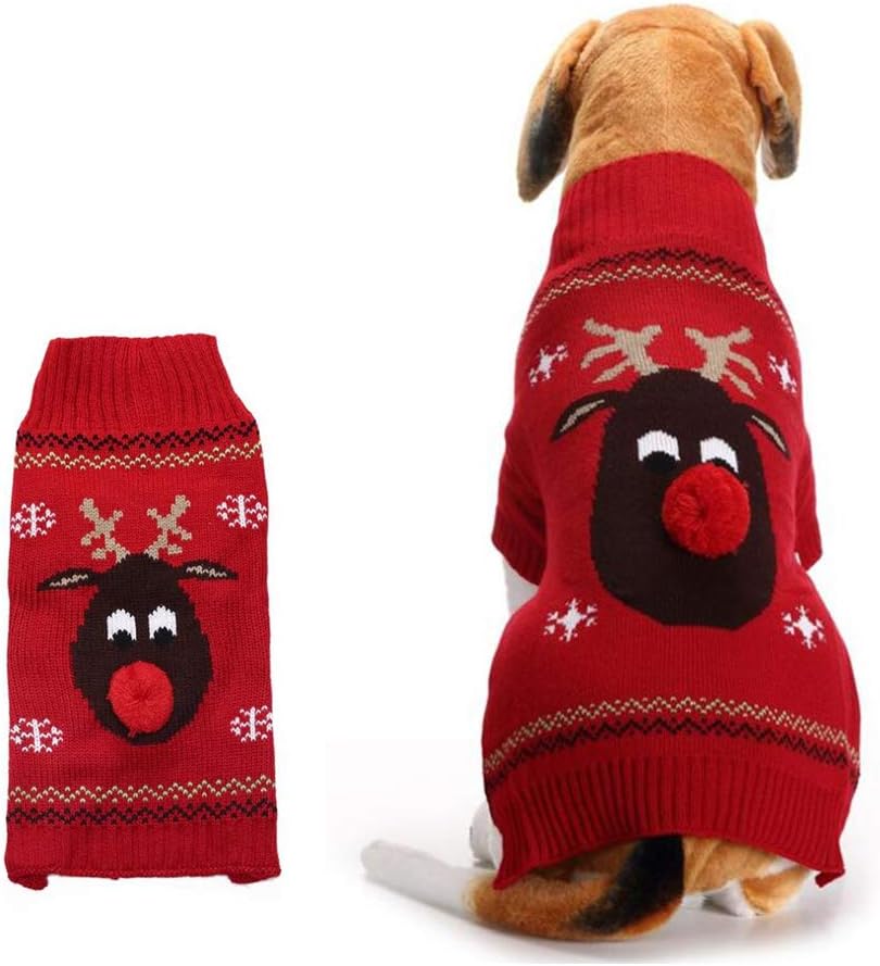 Dog Sweater Small Dog Clothes Pet Clothes Winter Sweatshirt Puppy Costume Cute Deer Wearing a Nose (S, Nose-Red)