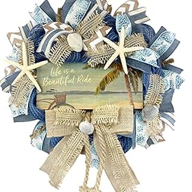 Beautiful Blue Burlap Artisan “Life is a Beautiful Ride” Beach, Coastal, Tropical Wreath with Nautical Rope, Starfish… 61wbsATyr6S