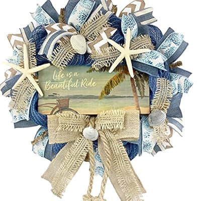 Beautiful Blue Burlap Artisan “Life is a Beautiful Ride” Beach, Coastal, Tropical Wreath with Nautical Rope, Starfish… 61wbsATyr6S