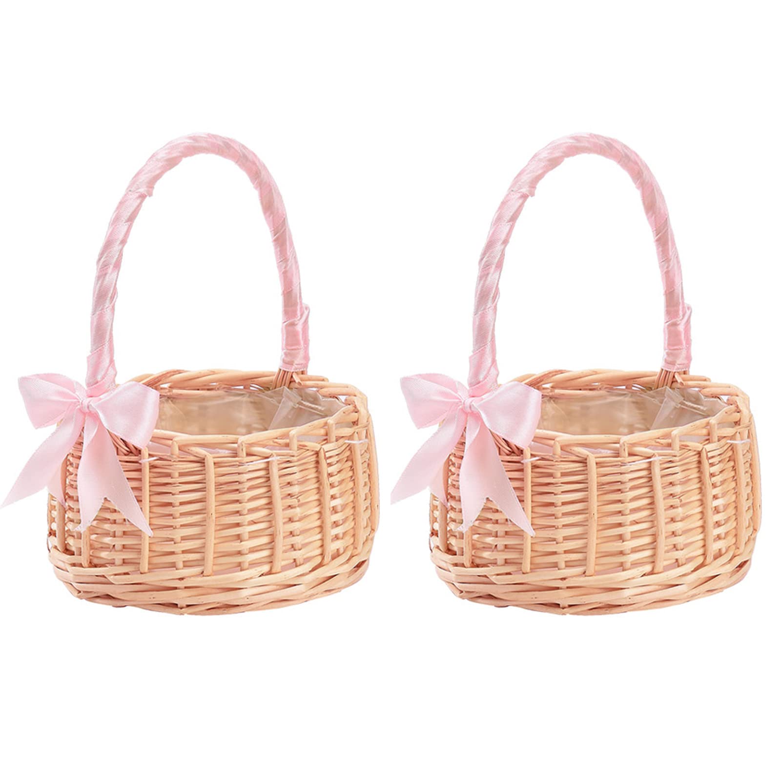 JYCRA 2PCS Pink Wedding Flower Girl Baskets,Wicker Picnic Basket with Handles & Liners