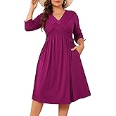 AMCLOS Womens Plus Size Dress V-Neck Elegant Cable Crossover Flowy 2 Pockets Roll up Long Sleeve Casual Party Maxi Dresses