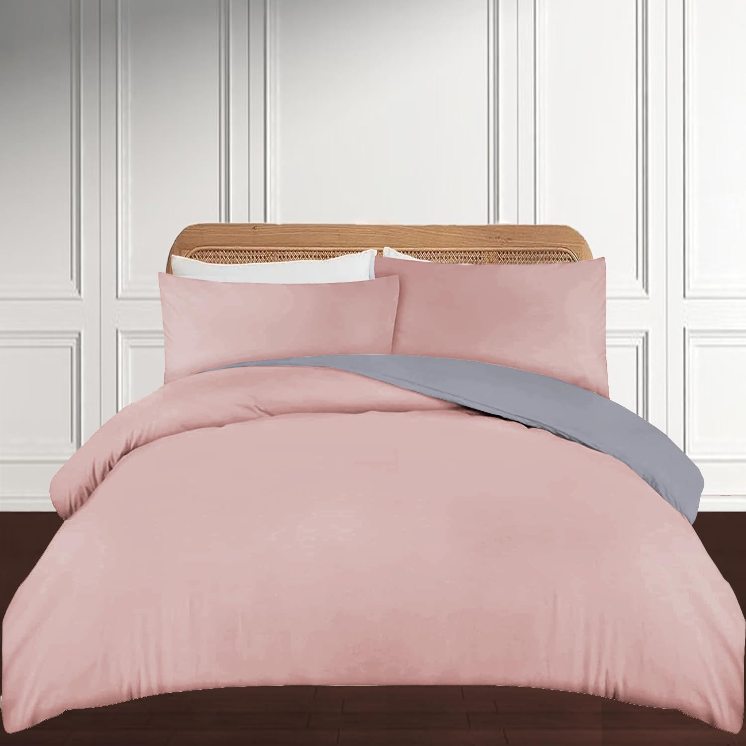 Brushed Microfiber Single Duvet Cover Sets Soft Microfiber Plain Dye Quilt Cover with Pillowcase Reversible Bedding - Blush/Grey — image 1