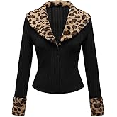 WDIRARA Women's Y2k Leopard Faux Fur Trim Coat Long Sleeve Button Down Knit Outerwear Clubwear