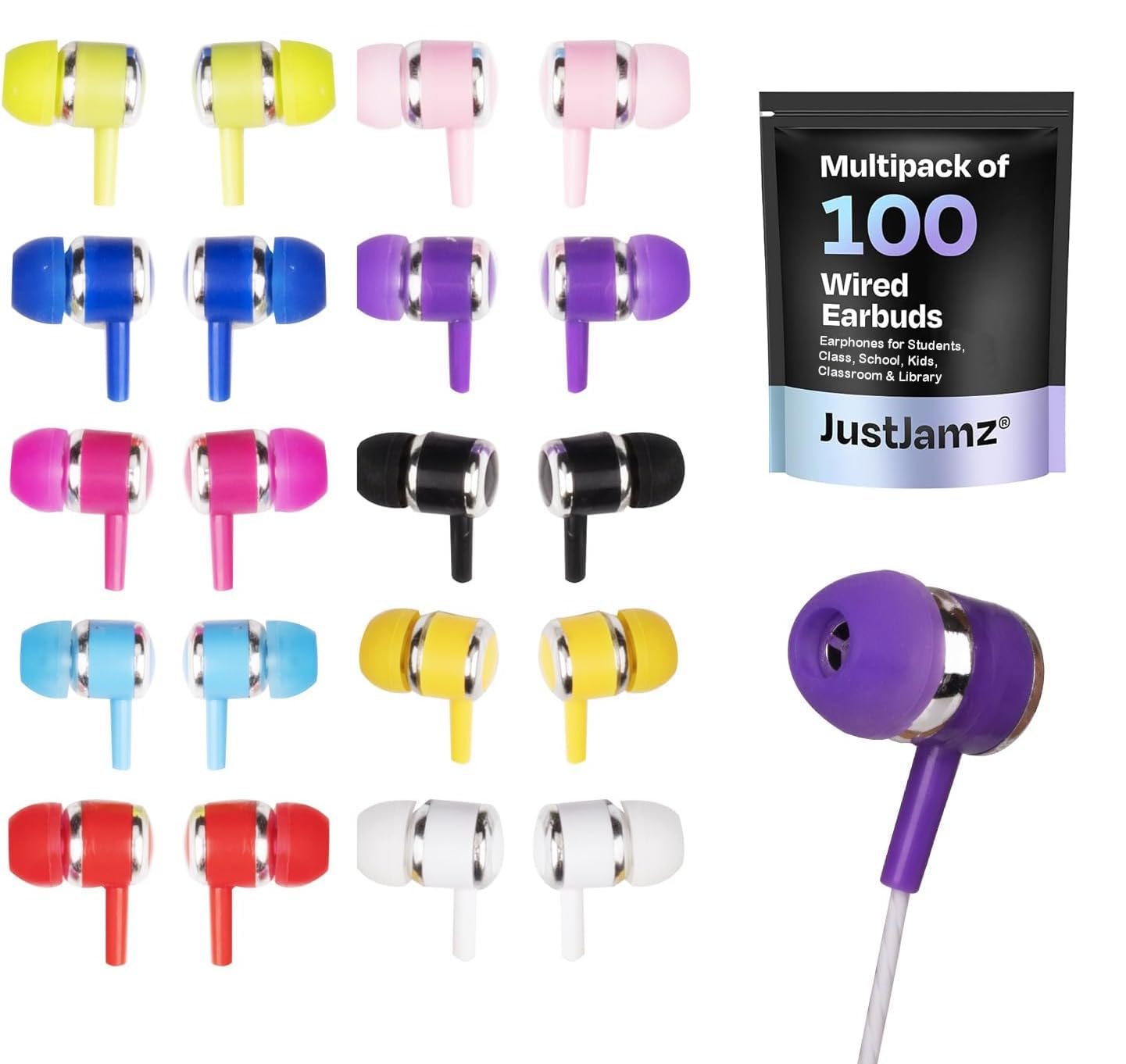 JustJamz 100x Multipack of Colorful in-Ear Earbuds | Bulk Earbuds Marbles, Wholesale Colorful Earphones, Disposable Earbuds, Headphones in Bulk, Jack Headphones, for Kids & Adults, Assorted Colors