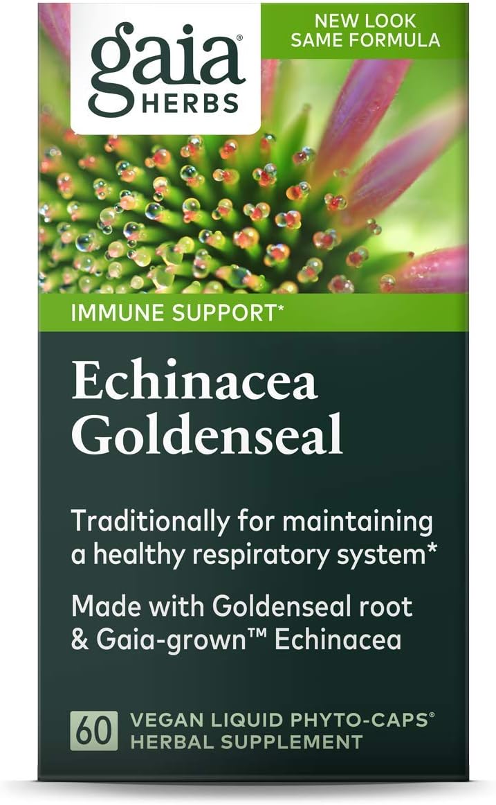 Gaia Herbs Echinacea Goldenseal, Vegan Liquid Capsules, 60 Count - Immune Support and Healthy Inflammatory Response During Seasonal Stress, Made with Organic Echinacea: Health & Personal Care