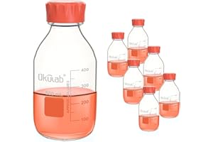 Okulab 6pcs of 500ml(17oz) Round Media Storage Bottles, 3.3 Borosilicate Glass, with GL45 Screw Caps in PP Materia, GL45RB500B6