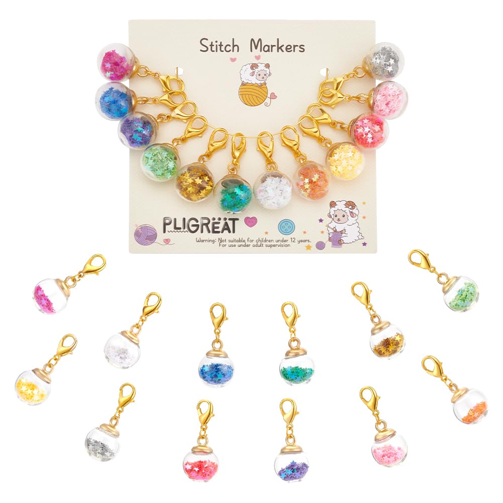 PLIGREAT 12 Pcs Colorful Stars Glass Ball Charm Stitch Markers, Crochet Stitch Marker with Lobster Claw Clasp, Knitting Locking Stitch Marker for Weaving Sewing Quilting DIY Jewelry Making Accessories