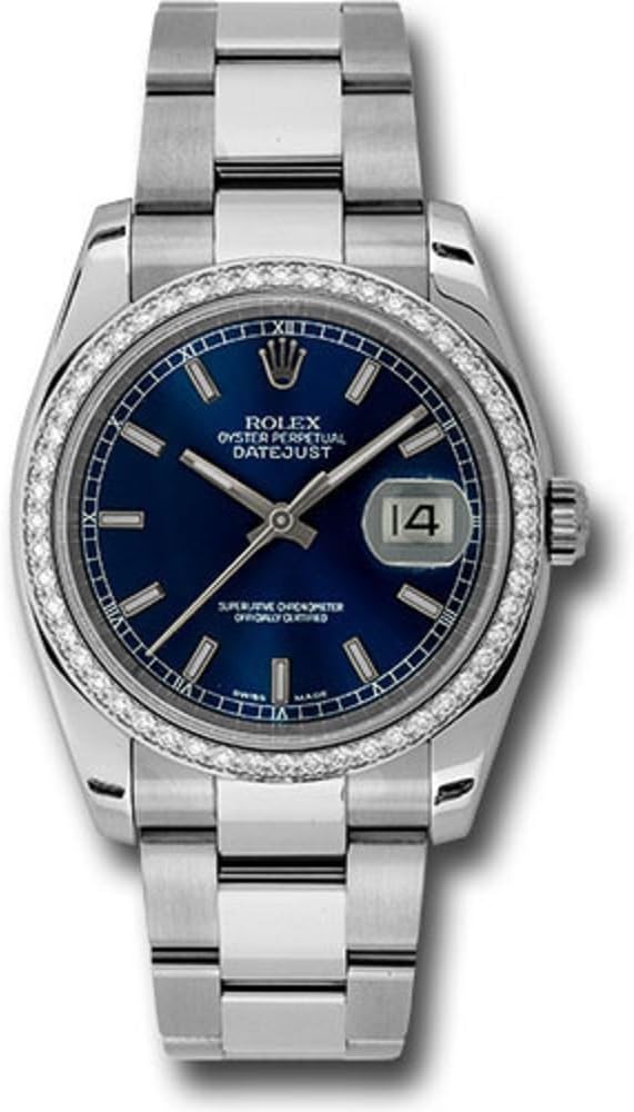 Datejust 36mm Stainless Steel Case, 18K White Gold Bezel Set with 52 Brilliant-Cut Diamonds, Blue Dial, Index Hour Markers, and Stainless Steel Oyster Bracelet.