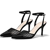 Coutgo Womens Closed Toe High Heels Mesh Satin Pointed Toe Dress Shoes Ankle Strap Pacthwork Wedding Pump Shoes