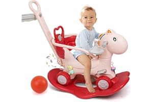 ANCAIXIN 4 in 1 Rocking Horse Ages 1-3, Baby Rocking Toy Gift for Toddlers 1-3 Years Old, Balance Bike Ride On Toys with Push Handle, Backrest and Balance Board for Girl and Boy, Kids Riding Birthday (Pink)