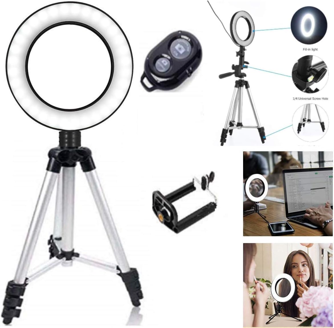 JANROCK 10" Selfie Ring Light with 60" Extendable Tripod Stand & Flexible Phone Holder for Live Stream/Makeup, Desktop Led Camera Ringlight for YouTube TIK-Tok Video