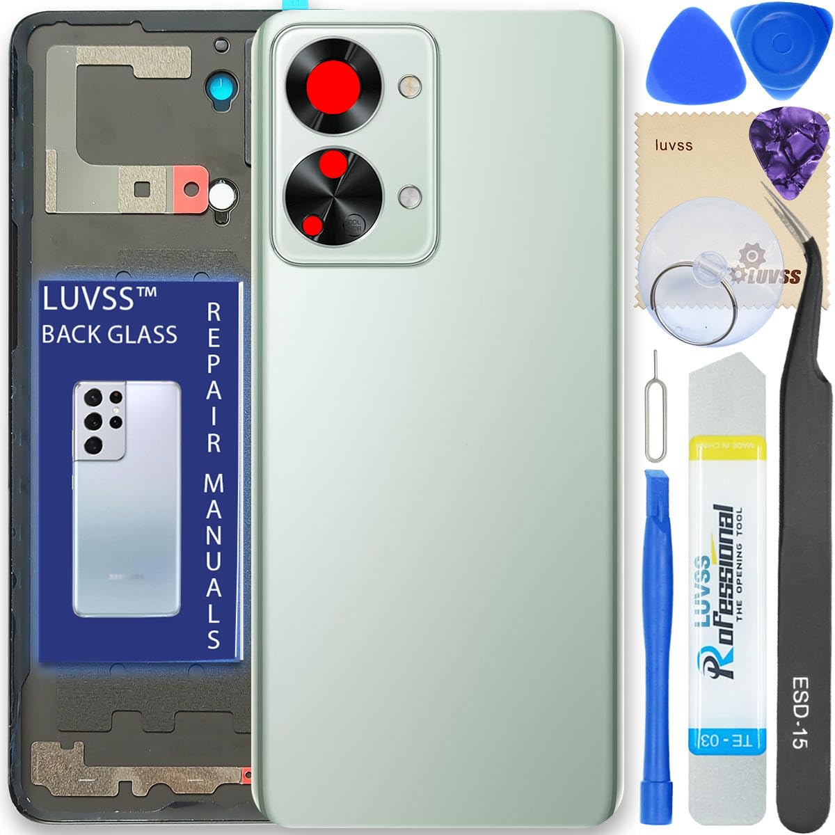 LUVSS Back Glass Cover Replacement Compitable for OnePlus Nord 2T 5G Rear Cover + Camera Lens + Repair Manual DIY Tools Kit (Green)