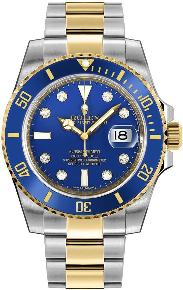 Rolex Oyster Perpetual 40MM Stainless Steel & 18K Yellow Gold Submariner Date with a Blue Cerachrom and Rotatable Bezel and a Blue Dial with Diamond Hour Markers.