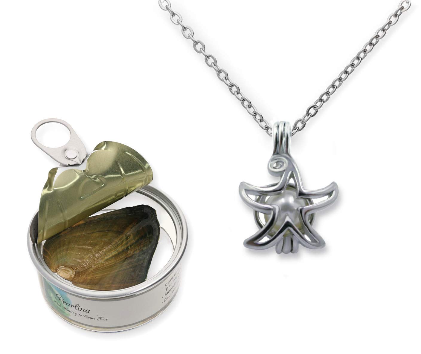 Pearlina Wish Upon a Star Cultured Pearl in Oyster Necklace Set Silver Plated Cage Pendant W/Stainless steel chain 18", Pearl