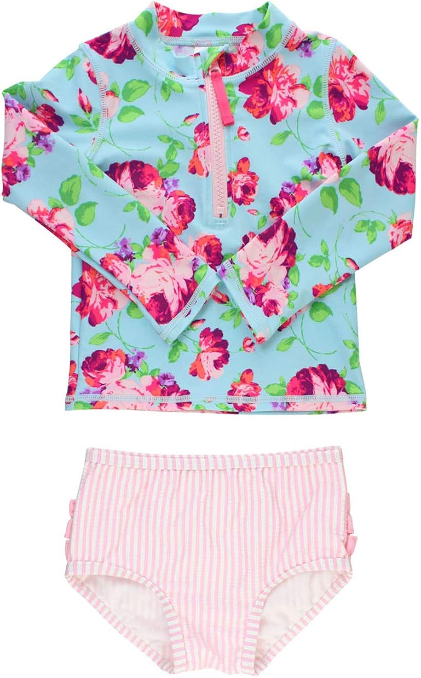RuffleButts Baby/Toddler Girls Long Sleeve Rash Guard 2 Piece Swimsuit Set w/UPF 50+ Sun Protection with Zipper