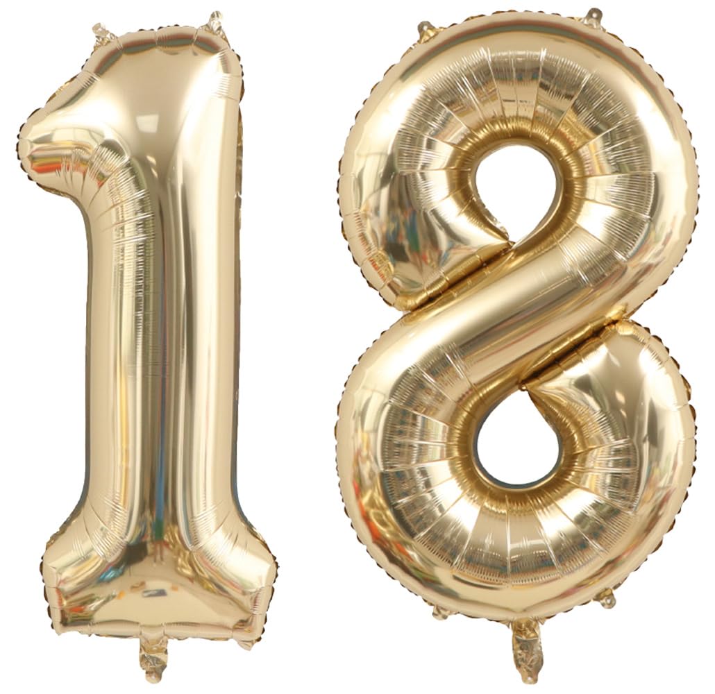 Photo 1 of 40 Inch Light Gold 18 Number Balloons White Gold Giant 18 Foil Mylar Helium Large Digital Balloon Champagne Gold Birthday Numbers Jumbo Balloons 18th or 81st Anniversary Party Decorations Supplies