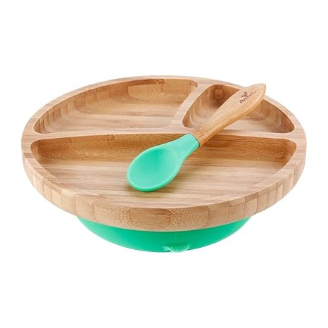 Avanchy Baby Toddler Feeding Bamboo Stay Put Suction Divided Plate and Spoon/Teether