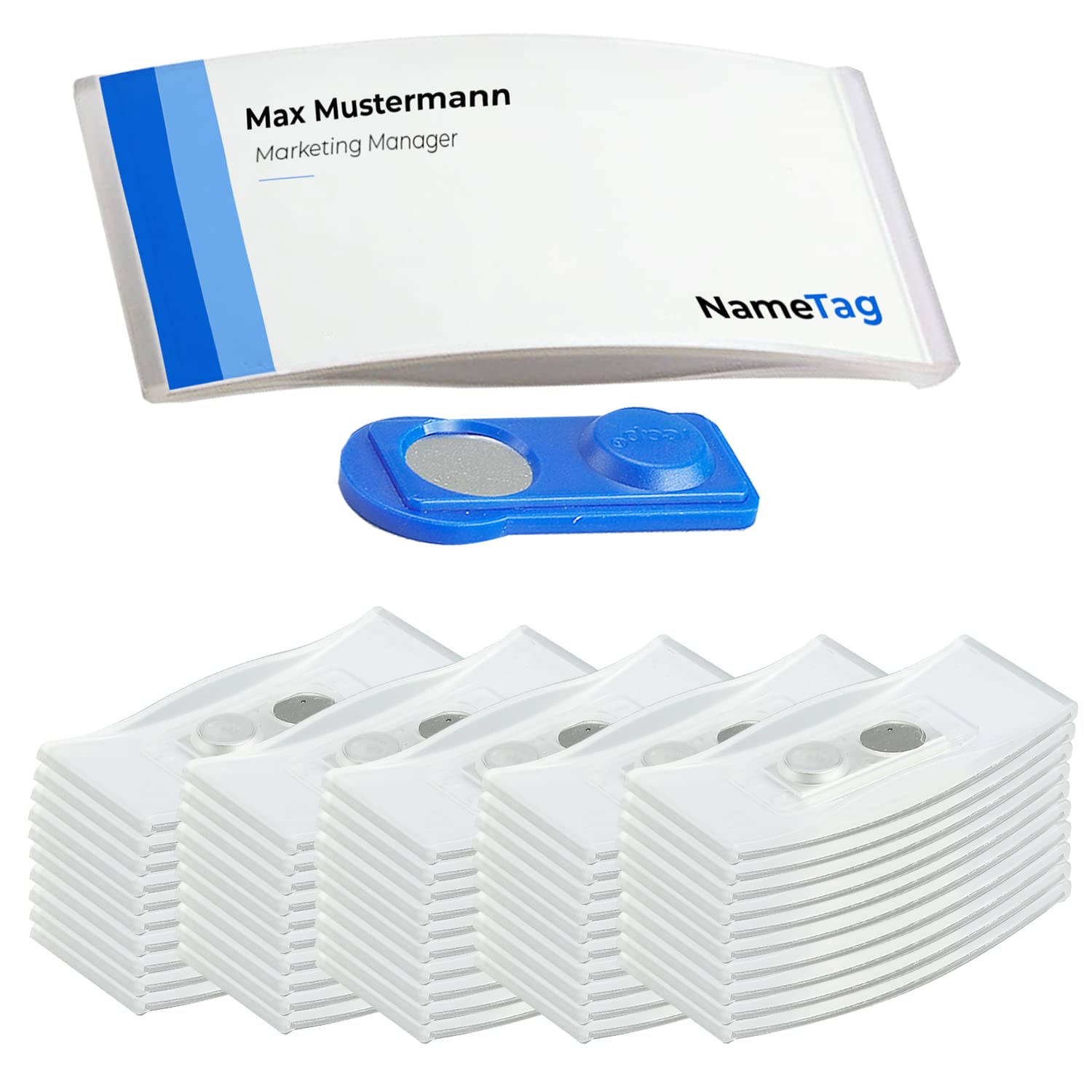 Ironix Name Badges with Double Magnet (Pack of 50, Transparent) Name Labels for Clothing 75 x 32 mm, Name Badges Magnet for Trade Shows, Conferences or Presentations, Magnetic Signs for Labelling