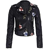 YILANUOYI Women's Embroidered Studded Faux Leather Jacket Moto Punk Jacket Floral Coat