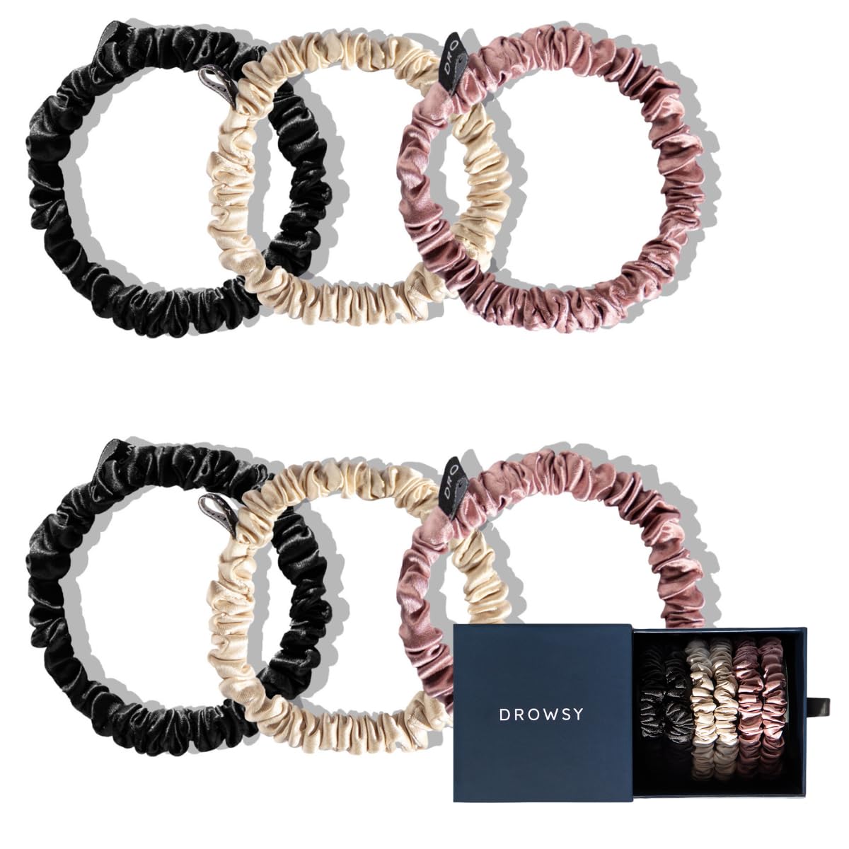 Drowsy Luxury Skinny Silk Scrunchies - Pack of 6 - Premium Hair Care Beauty Accessories for All Hair Types - Protect Hair Health, Reduce Breakages (2 Damask Rose, 2 Dusty Gold, 2 Black Jade)