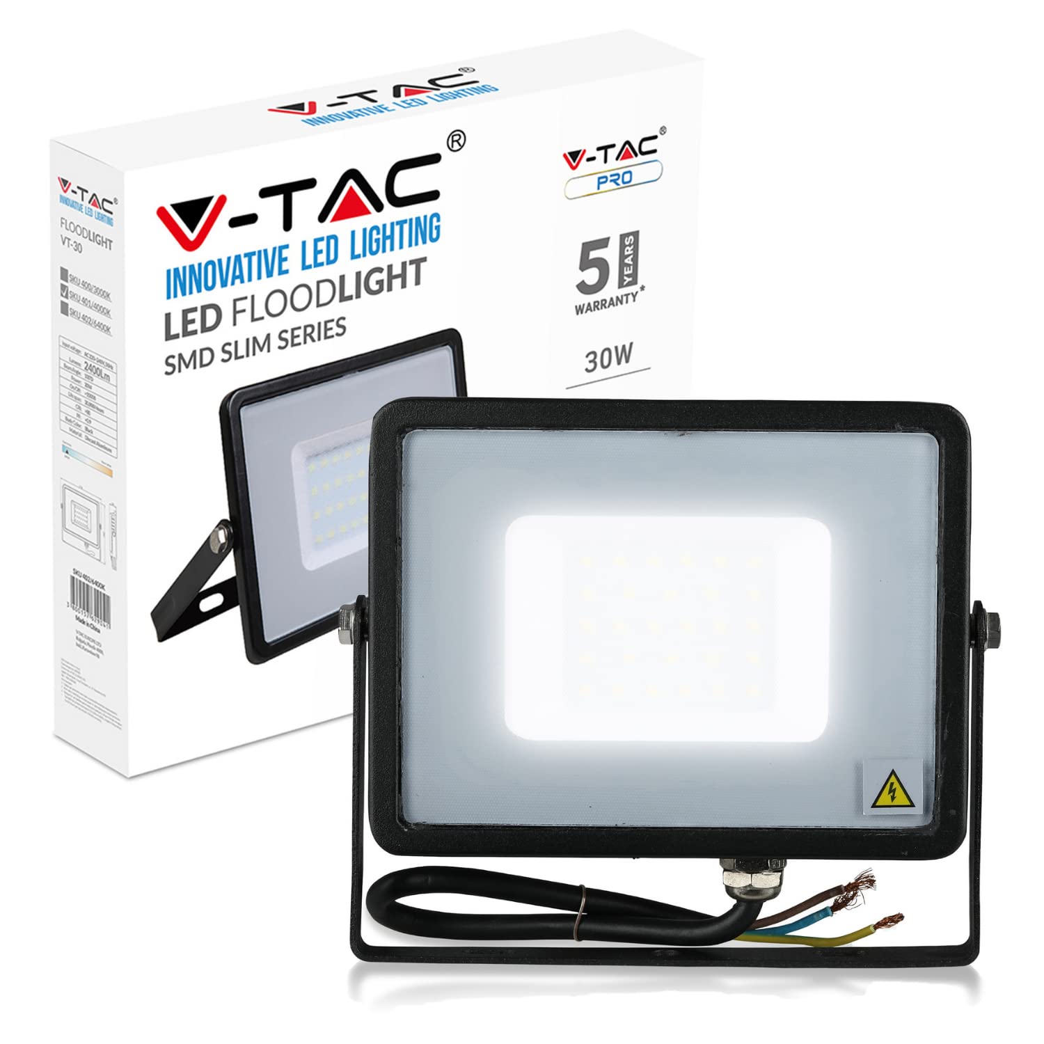 V-TAC 30W Waterproof Outdoor Security Floodlight with Samsung LED Black Body Grey Glass IP65 4000K Day White 2400 lumens [Energy Class A+], Die Cast Aluminium, 30 W