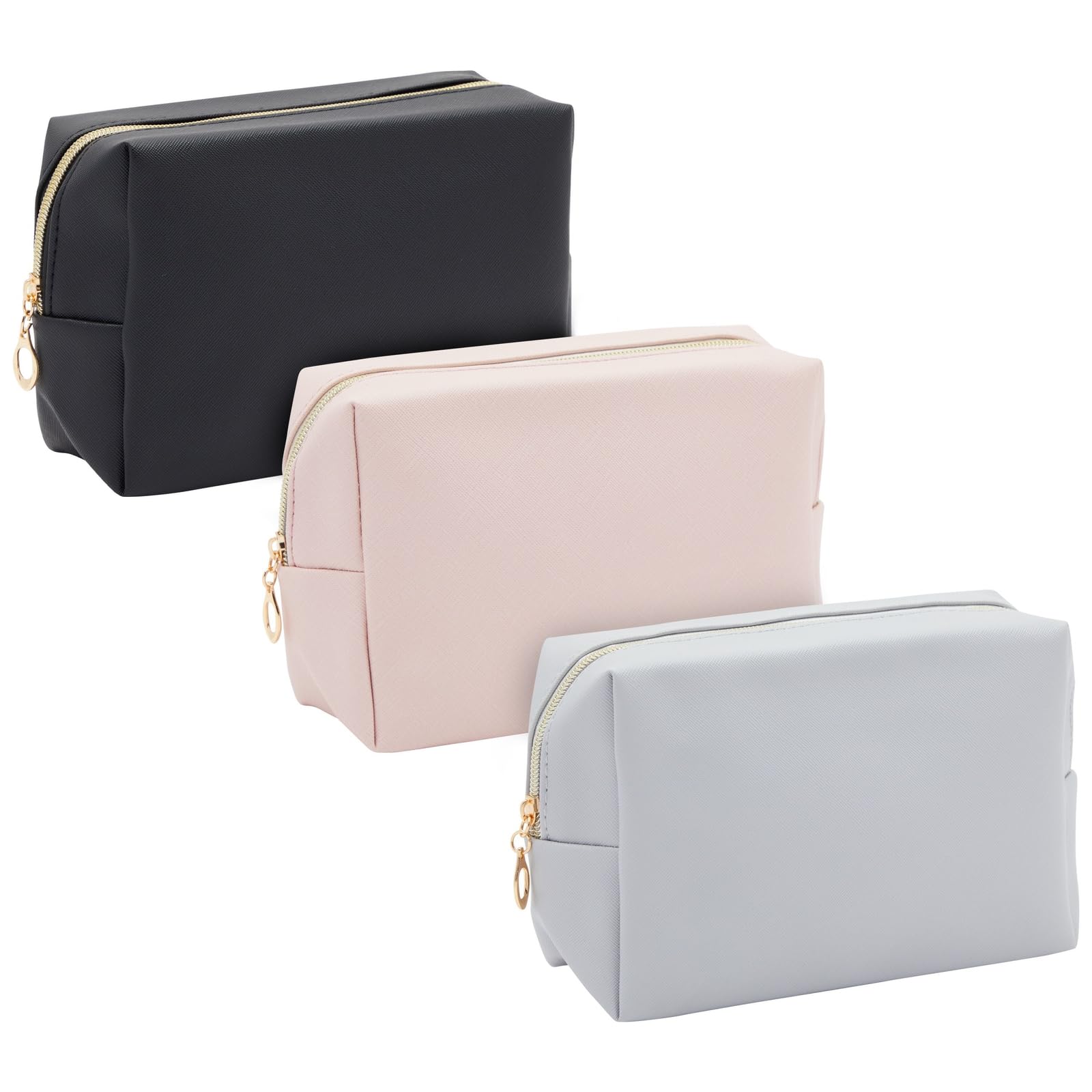 Photo 1 of Glamlily 3 Pack Faux Leather Makeup Bag with Zipper, Travel Cosmetic Pouches (3 Neutral Colors)