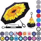 Zameka Double Layer Inverted Umbrellas Reverse Folding Umbrella Windproof UV Protection Big Straight Umbrella Inside Out Upside Down for Car Rain Outdoor with C-Shaped Handle (Sun Flower)