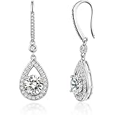 Moissanite Dangle Earrings for Women,18K White Gold Plated 925 Sterling Silver 2ct Round Brilliant D Color VVS1 lab Created Diamond Halo CZ Drop Earrings