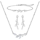 SWEETV Bride Bridesmaid Jewelry Set - Cubic Zirconia Leaf Vine Earrings, Necklace, Bracelet - Bridal Set for Wedding or Prom