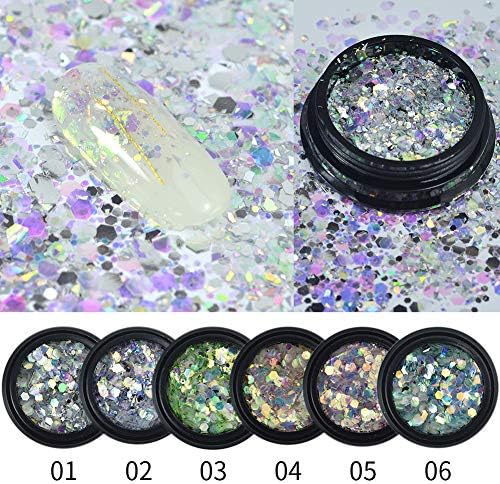 MEILINDS Nail Art Glitter Chunky Sequins Paillette Iridescent Flakes For Nail Face Body Hair Makeup Tips 6Boxes