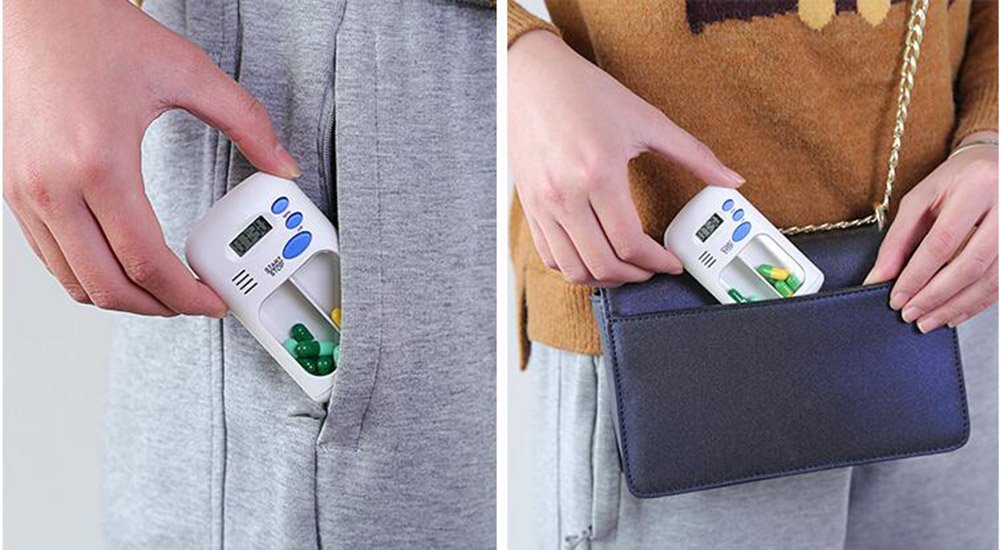 Daily Pill Box Medication Reminder Timer,Portable Travel Pill Organizer Box with Automatic Alarms,Up to 99 Hours Period Alerts for Daily Medication Vitamins Supplements,No Battery Required