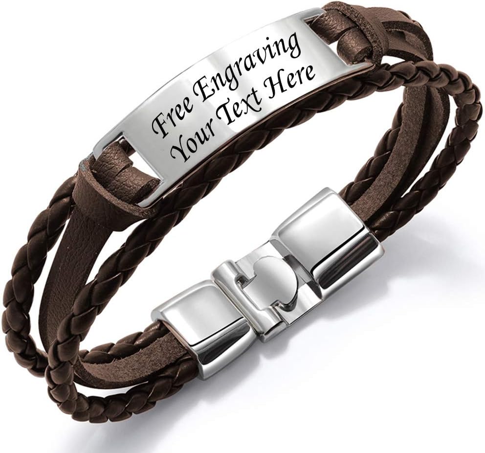 KedarPersonalize Engraved Customized Braided Multilayer Leather Bracelet Custom Leather Free Engraving