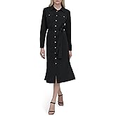 DKNY Womens Long Sleeve Collared Tie Midi Shirtdress