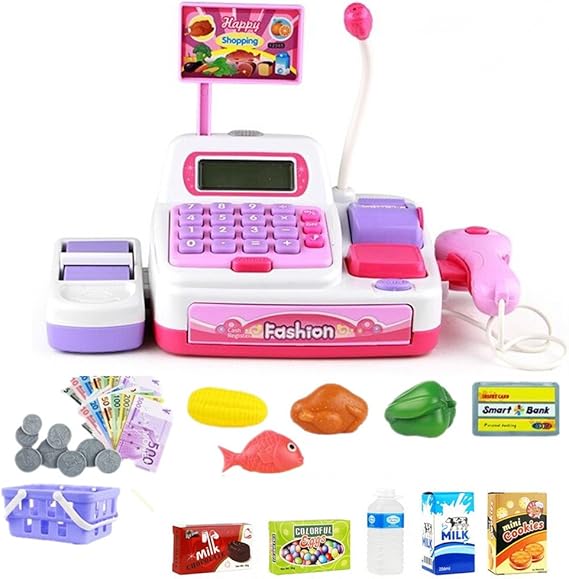 Toy Cash Register for Kids Role Play Supermarket Food Shopping Playset