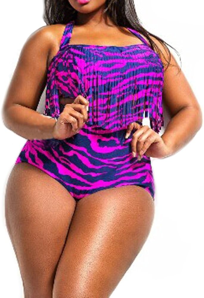 Amazon.com: SODIAL(R) Alluring Halter Plus Size Fringe Design Multicolor Printed High-Waisted 