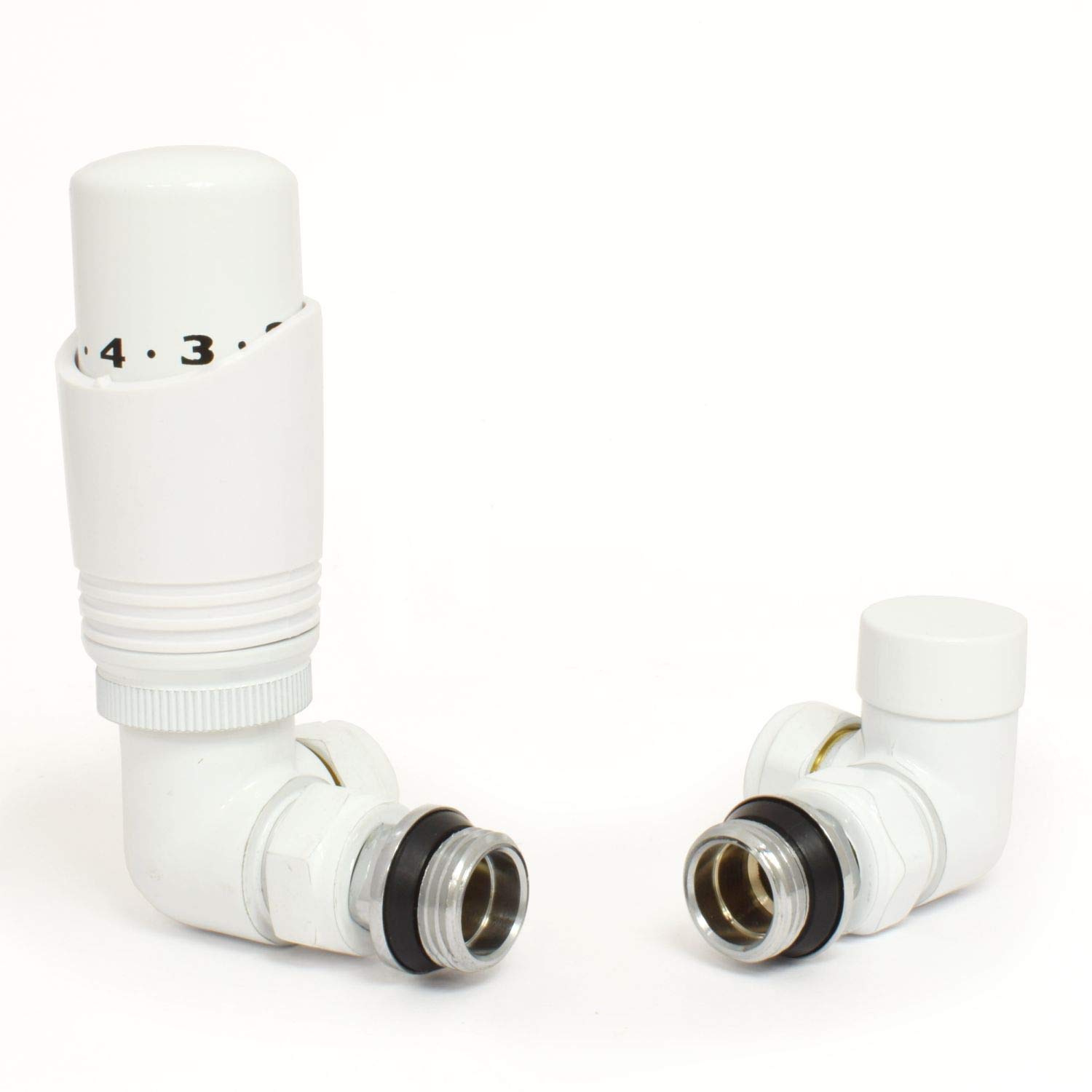 Hot Flow White Cascade Corner Modern TRV Thermostatic Radiator Valve (Pair) Includes A Corner TRV Body & One Lock Shield. for Quick & Easy Temperature Control. Perfect for Energy Saving.