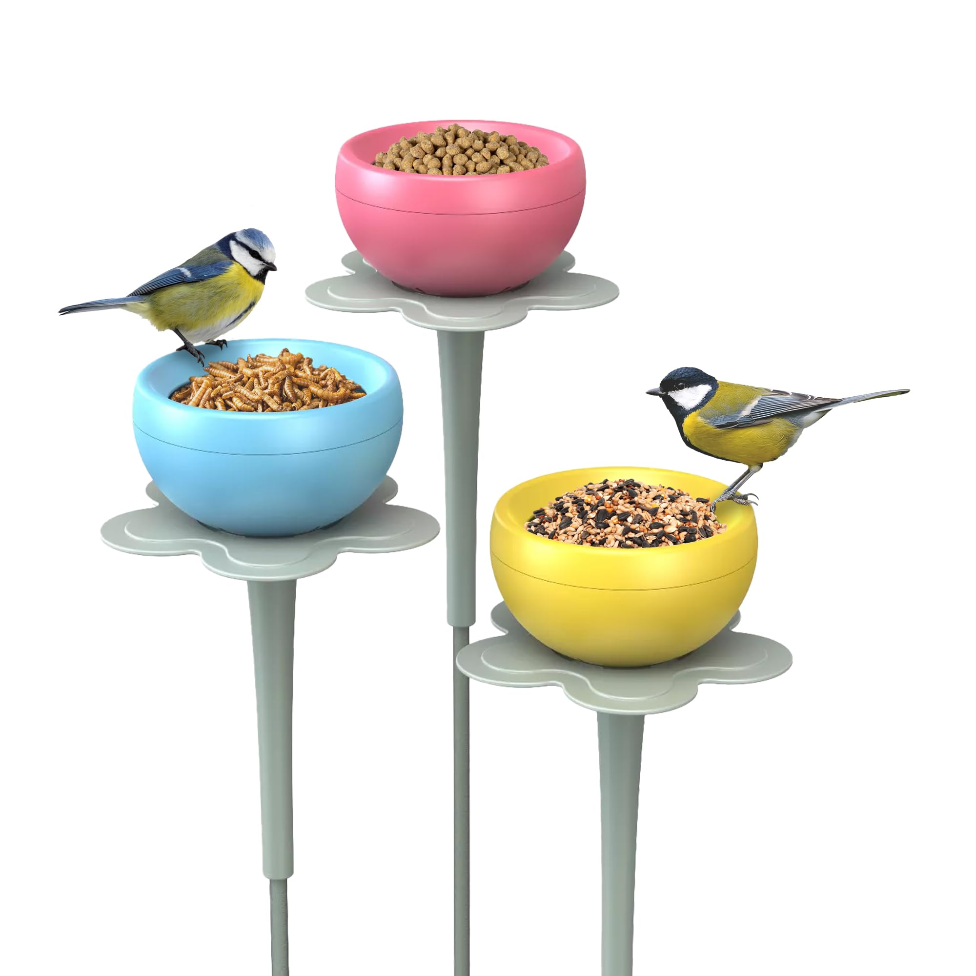 The Nuttery Freestanding Garden Bird Feeders – 3 Pack Colourful Stake Feeders for Seed, Suet Nuggets & Mealworms – Adjustable Support Stems for Robins & Small Birds – Easy to Fill & Clean.