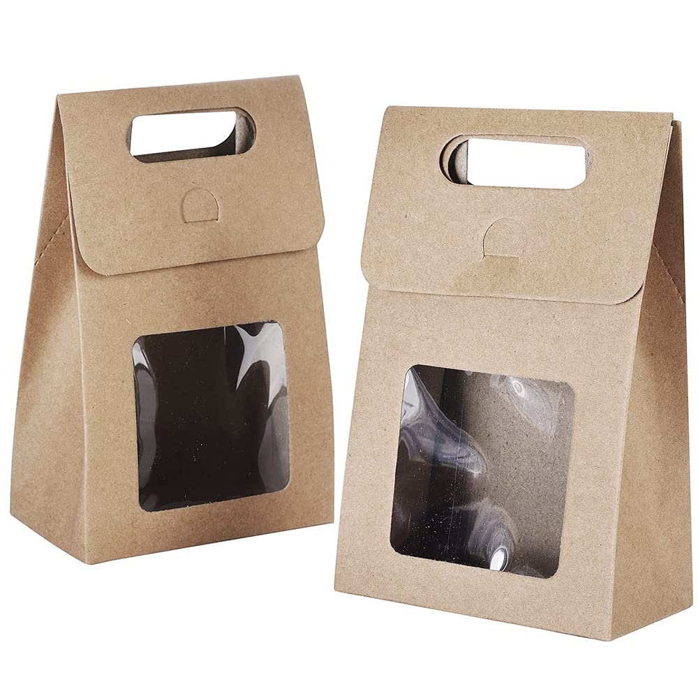 25 Pieces Paper Bags, Gift Bags with Handles, Strong Paper Stand Up Gift Bag, With Display Window, for Shopping, Packaging, Retail, Party, Gifts, Wedding, Business (Brown)